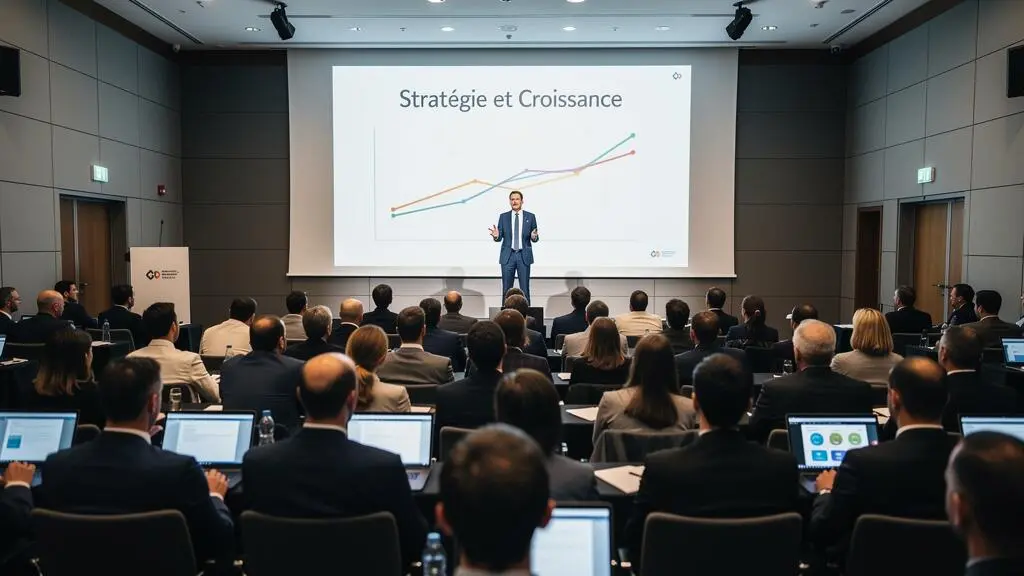 Conférence d'entreprise en cours dans un auditorium moderne, avec un intervenant sur scène et des participants attentifs en salle.