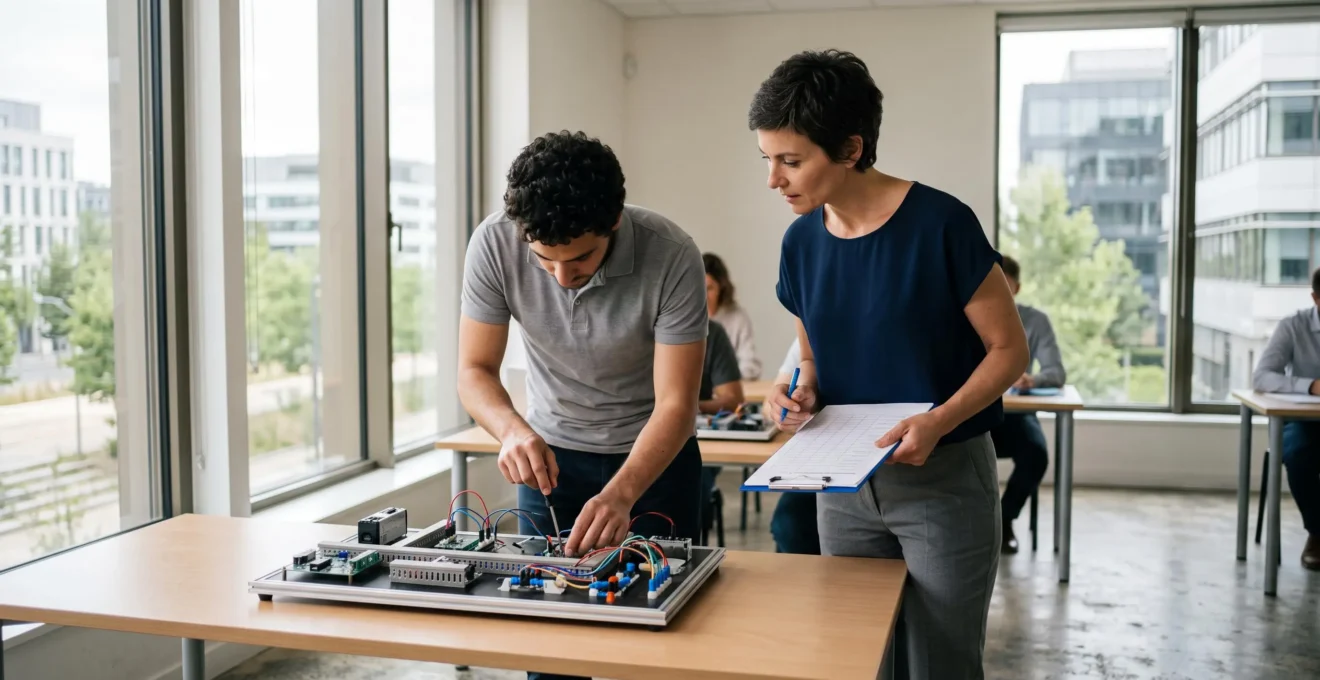 Une responsable formation observe un salarié réalisant une évaluation pratique lors d'une session de formation en entreprise.