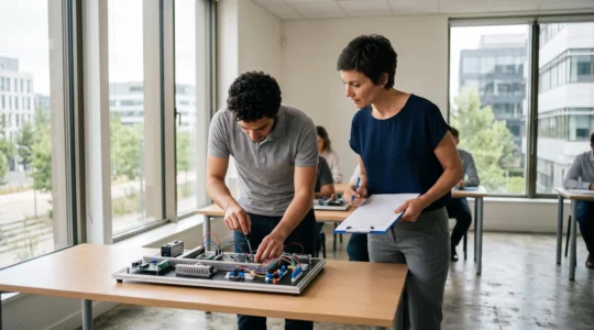 Une responsable formation observe un salarié réalisant une évaluation pratique lors d'une session de formation en entreprise.