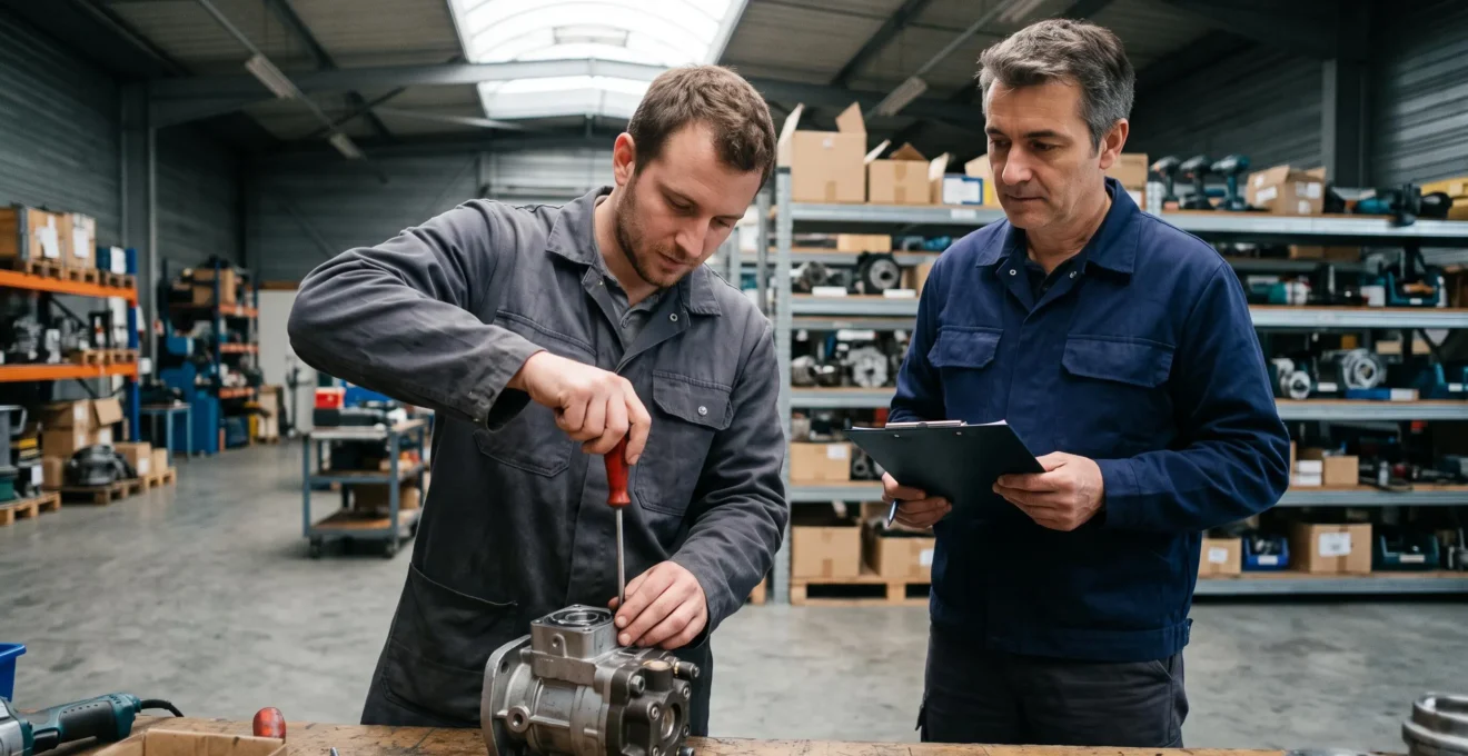 Un superviseur observe un technicien réalisant un geste technique sur un établi pour évaluer une compétence en situation réelle de travail.