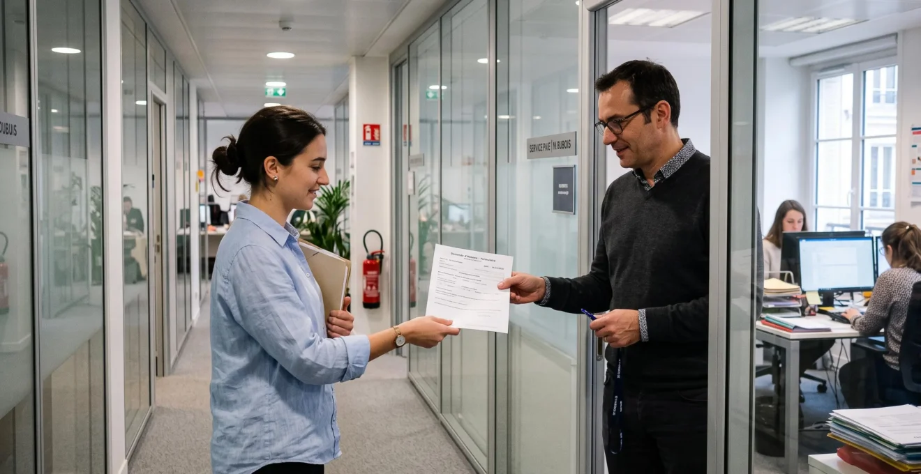 Une assistante RH remet une demande d'absence imprimée à une gestionnaire de paie devant un bureau vitré.