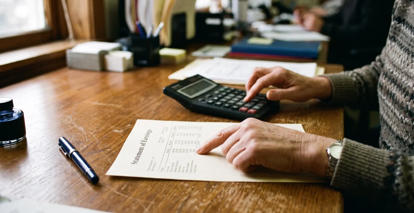 Des mains calculent les retenues sur un bulletin de salaire imprimé.