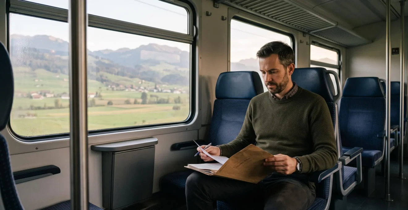 Un travailleur frontalier consulte ses documents dans un train régional.